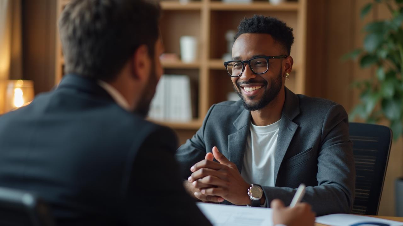 Attorney consulting with client about legal case, both reviewing documents at desk