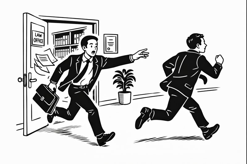 Illustration of lawyer chasing after a client running away from law office