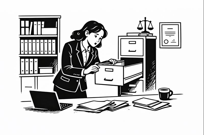 Illustration of overwhelmed lawyer at desk with stacks of paperwork representing lead overload