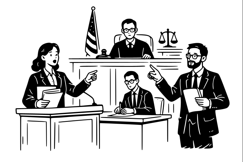 Illustration of courtroom scene with attorneys presenting before a judge